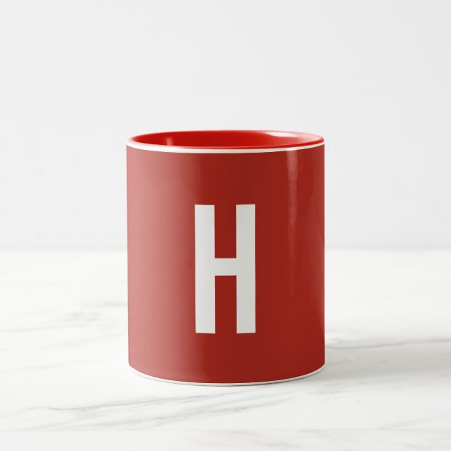 Monogram Own Name Initial Minimalist Brick Red Two-Tone Coffee Mug (Center)