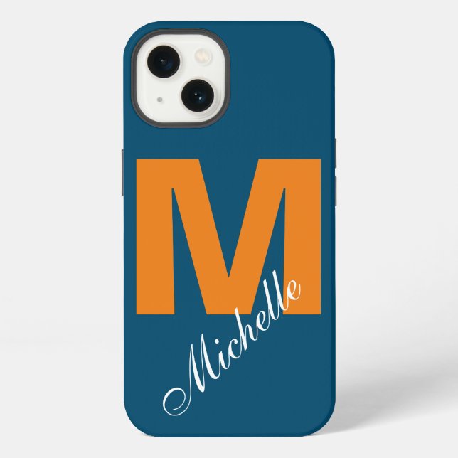 Monogram Own Name Initial Modern Ocean Blue Orange iPhone Case (Back)