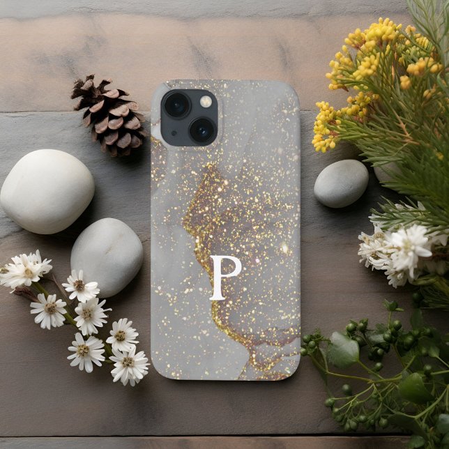 Monogram P Elegant Grey Marble Rose Gold Glitter Case-Mate iPhone Case (Creator Uploaded)