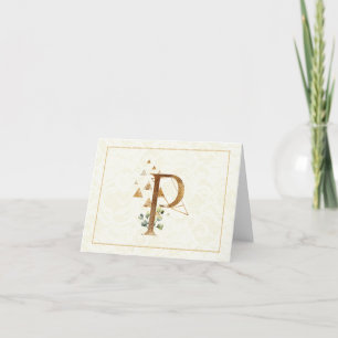 Monogram P Floral Note Card Gold