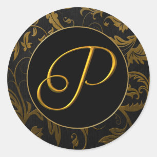Monogram P Gold and Black Damask Wedding Seal