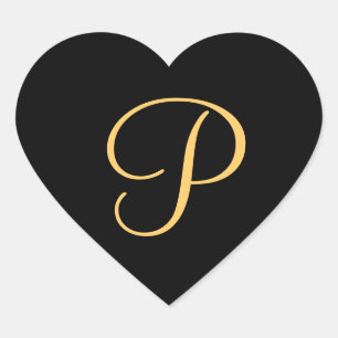 Monogram P,  gold-coloured on black,  Heart Sticker
