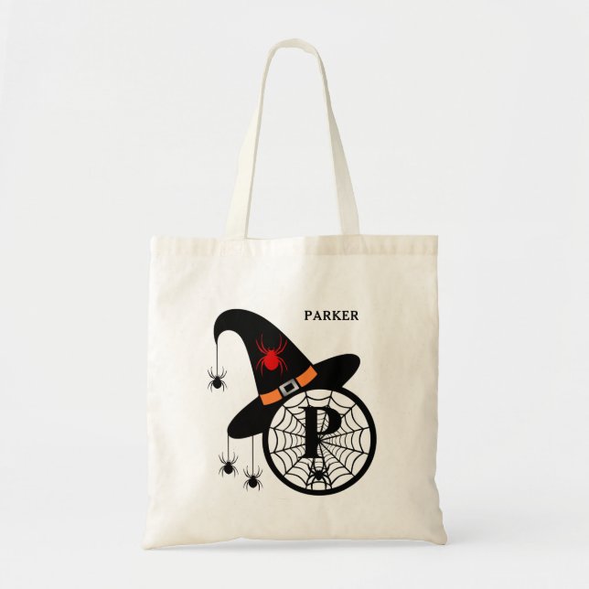 Monogram P Halloween Witch Spiders Your Name Tote Bag (Front)