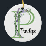 Monogram P Lavender Eucalyptus nursery  Poster Ceramic Tree Decoration<br><div class="desc">A romantic and elegant design with monogrammed alphabet letter framed by eucalyptus and lavender and dragonfly painted in watercolors. To get started changing the name, click on "Personalise this template" and edit the wording in the template boxes. To access the more advanced editing tools, scroll down to "Click to customise...</div>