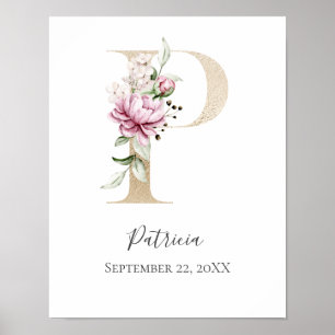 Monogram P Pink White Floral Gold Letter Nursery Poster