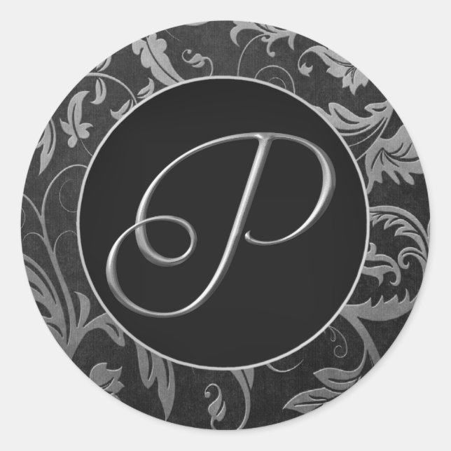 Monogram P Silver and Black Damask Wedding Seal (Front)