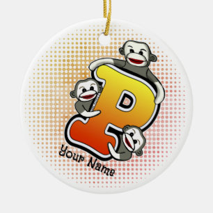 Monogram P Sock Monkey  Ceramic Tree Decoration
