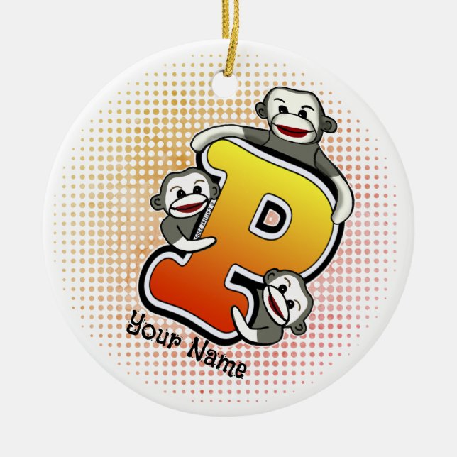 Monogram P Sock Monkey  Ceramic Tree Decoration (Front)