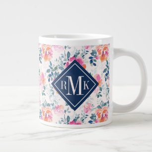 Monogram Painted Roses Pattern Large Coffee Mug