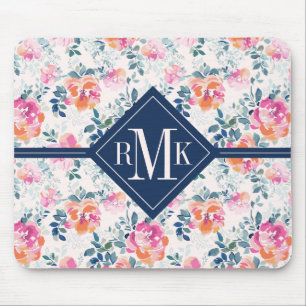 Monogram   Painted Roses Pattern Mouse Mat
