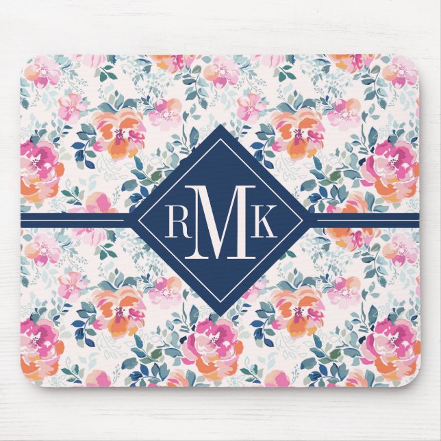 Monogram | Painted Roses Pattern Mouse Mat (Front)