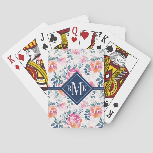 Monogram | Painted Roses Pattern Playing Cards (Back)
