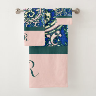 Monogram Paisley Blue Sage Green Light Blush Pink Bath Towel Set