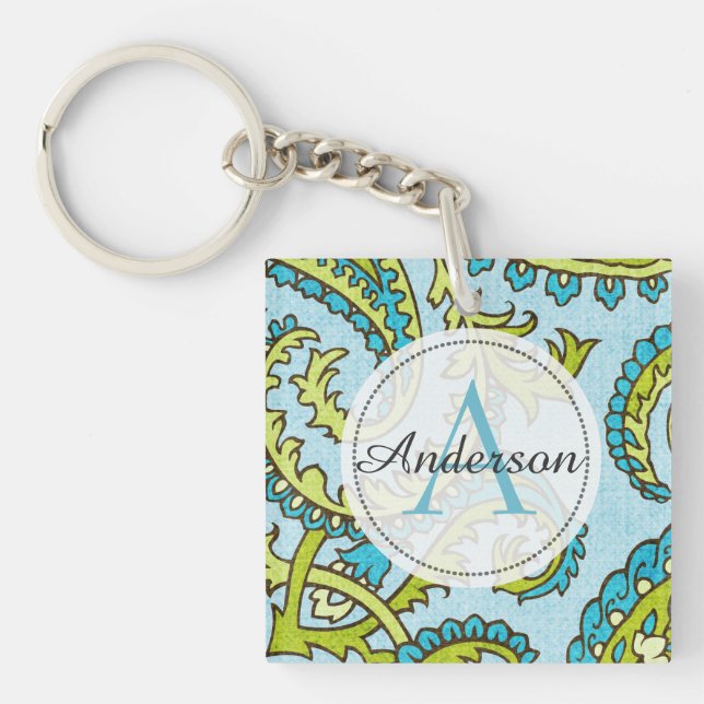 Monogram Paisley Colourful Aqua Boho Trendy Chic Key Ring (Front)