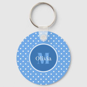 Monogram Pale Blue and White Polka Dots Key Ring