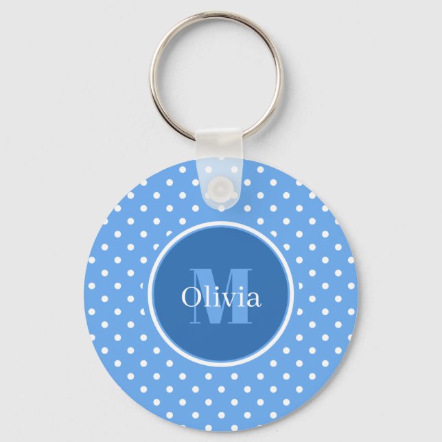 Monogram Pale Blue and White Polka Dots Key Ring (Front)