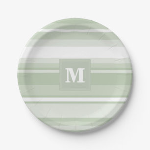 Monogram pale green stripes paper plate