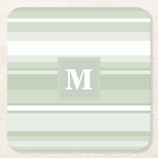 Monogram pale green stripes square paper coaster (Front)