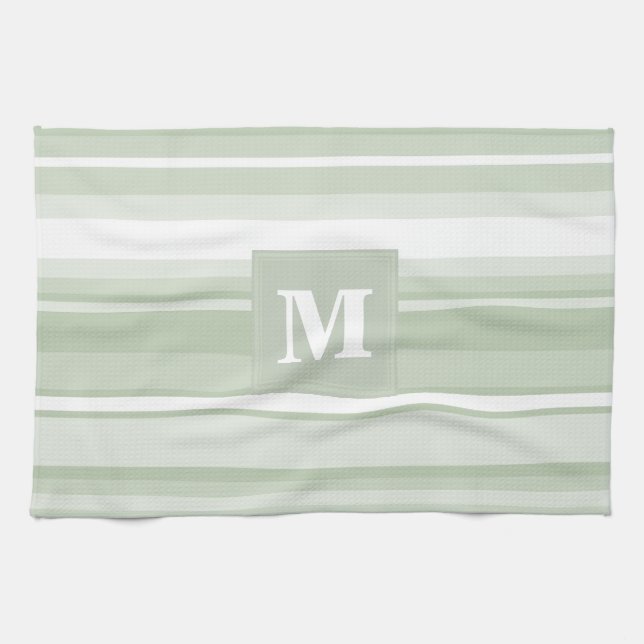 Monogram pale green stripes tea towel (Horizontal)