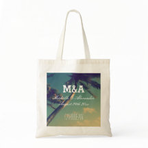 Monogram palm destination beach wedding tote bags