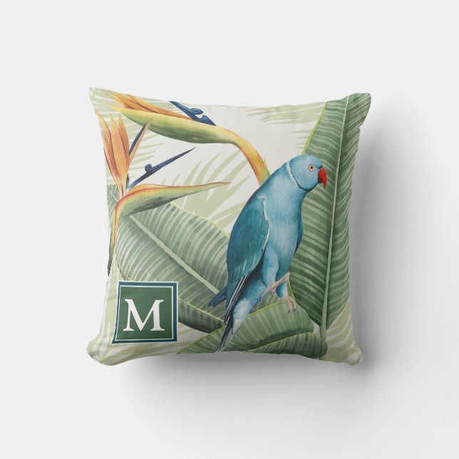Monogram | Palm Leaves With Blue Bird Cushion (Front)