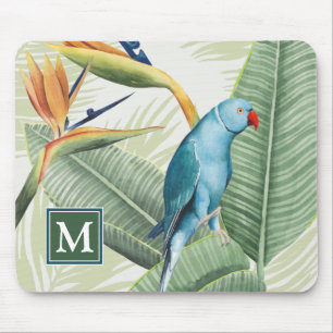 Monogram   Palm Leaves With Blue Bird Mouse Mat