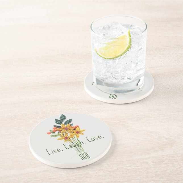 Monogram, Paper Quilled Flowers Round Sandstone Coaster (Side)