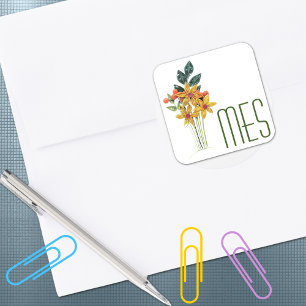Monogram, Paper Quilled Flowers, Skinny Font 1.5in Square Sticker