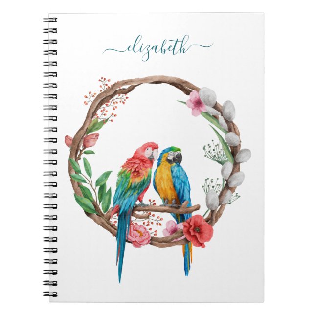 Monogram Parrots Macaw Birds Colourful Floral  Notebook (Front)