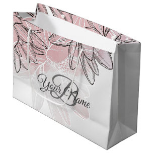 Monogram Party Pink White Flower Watercolor Silver Large Gift Bag