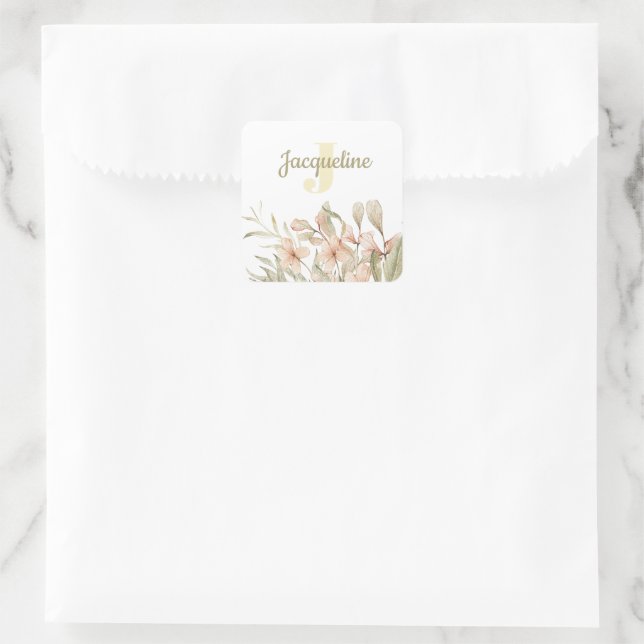 Monogram pastel baby pink sky baby flower design square sticker (Bag)