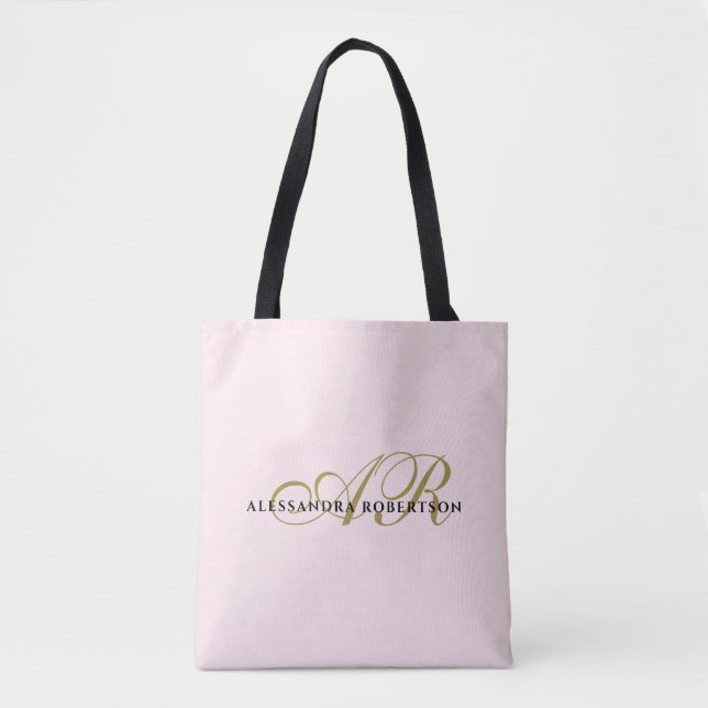 Monogram pastel blush pink gold black elegant chic tote bag (Front)