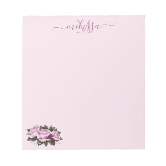 Monogram Pastel Lavender Rose Flower Notepad (Front)
