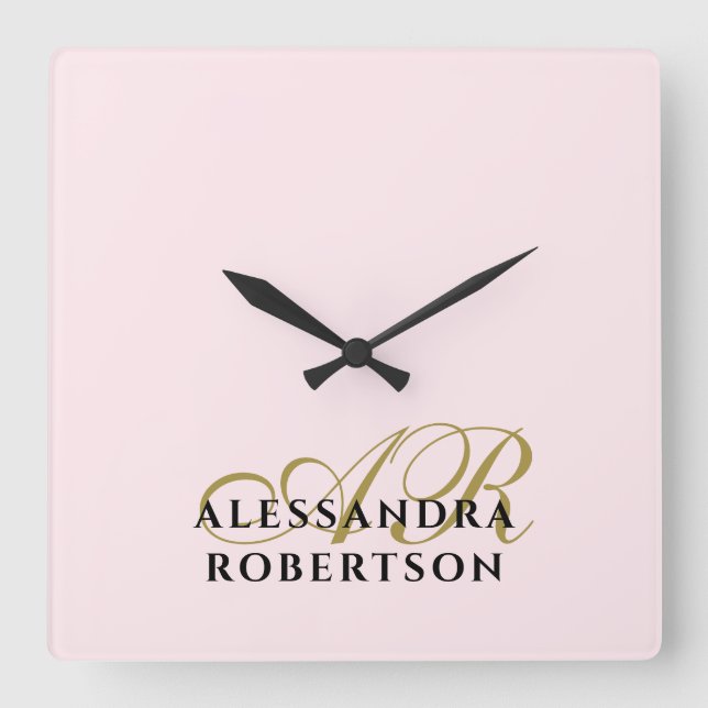 Monogram Pastel Pink Gold Black Minimalist Modern Square Wall Clock (Front)