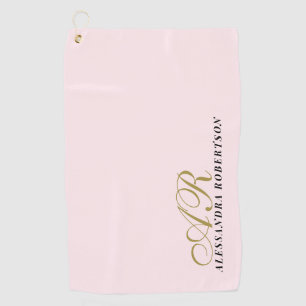 Monogram Pastel Pink Gold Black Name Minimalist Golf Towel