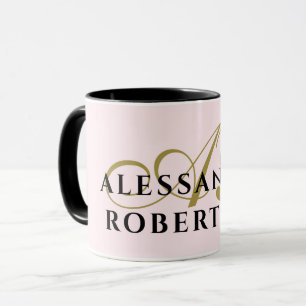 Monogram Pastel Pink Gold Black Name Minimalist Mug