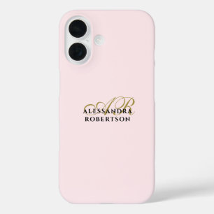 Monogram Pastel Pink Gold Black Stylish Minimalist iPhone 16 Case