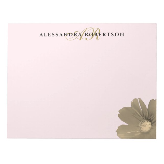Monogram Pastel Pink Gold Watercolor Wildflower  Notepad (Front)