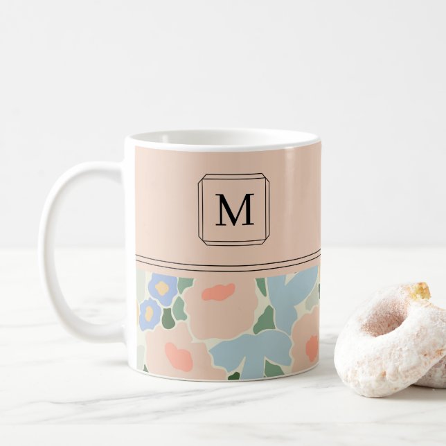 Monogram Pastel Pink Light Blue Flower Pattern Coffee Mug (With Donut)