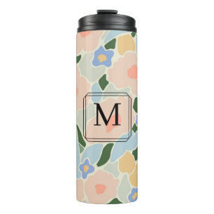 Monogram Pastel Pink Light Blue Flower Pattern Thermal Tumbler