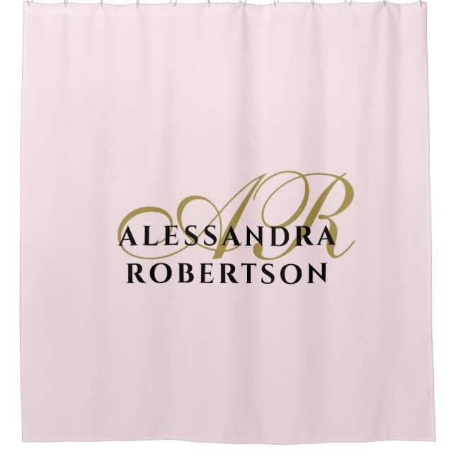 Monogram Pastel Pink Minimalist Gold Black Stylish Shower Curtain (Front)