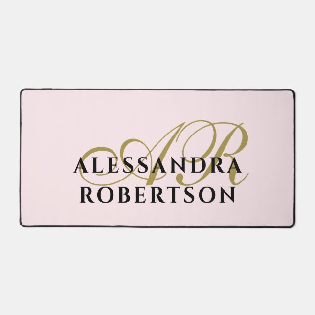 Monogram Pastel Pink Minimalist Stylish Gold Black Desk Mat (Front)