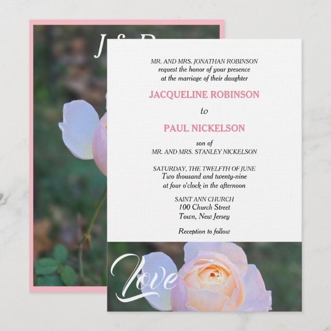 Monogram Pastel Pink Rose Love  Invitation (Front/Back)