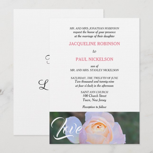 Monogram Pastel Pink Rose Together in Love  Invitation (Front/Back)