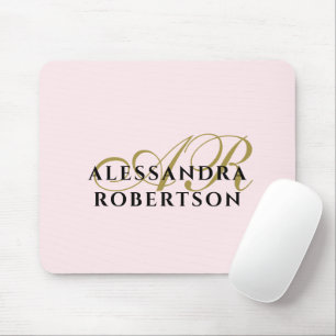 Monogram Pastel Pink Stylish Gold Black Minimalist Mouse Mat