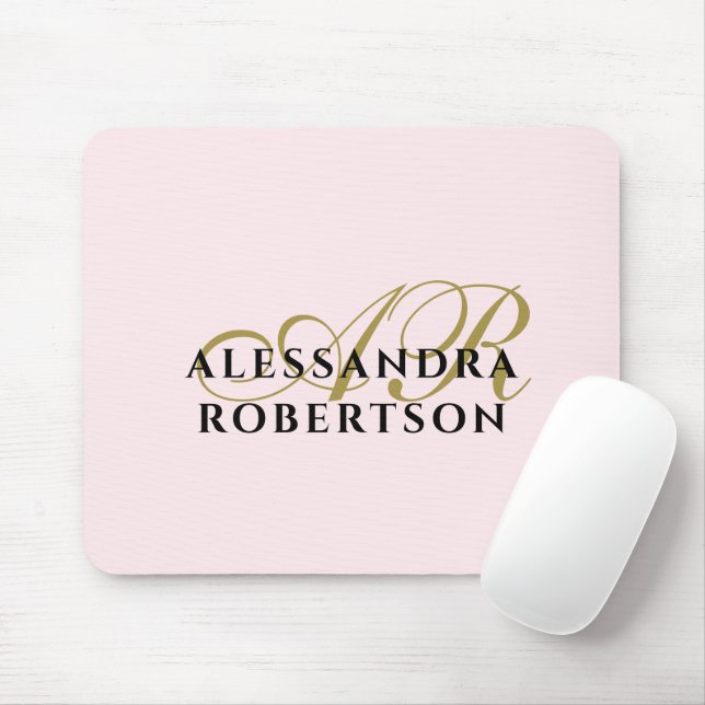 Monogram Pastel Pink Stylish Gold Black Minimalist Mouse Mat (With Mouse)