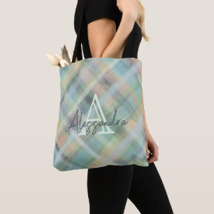 Monogram pastel plaid green grey yellow teal  tote bag