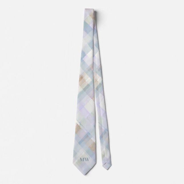 Monogram Pastel Plaid Tartan Powder Blue Cream Tie (Front)