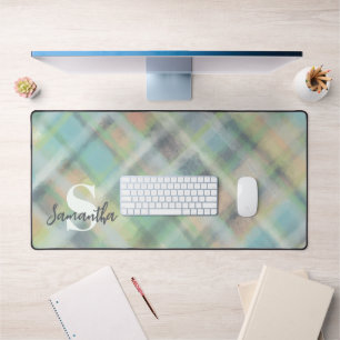 Monogram Pastel Plaid Watercolor Green Gray Yellow Desk Mat