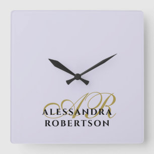 Monogram Pastel Purple Gold Black Minimalist Chic Square Wall Clock